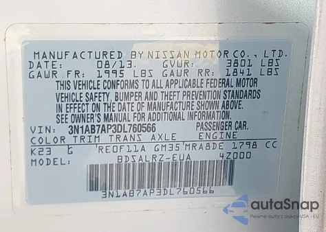 2013 Nissan Sentra Sr from USA, damaged, VIN 3N1AB7AP3DL760566